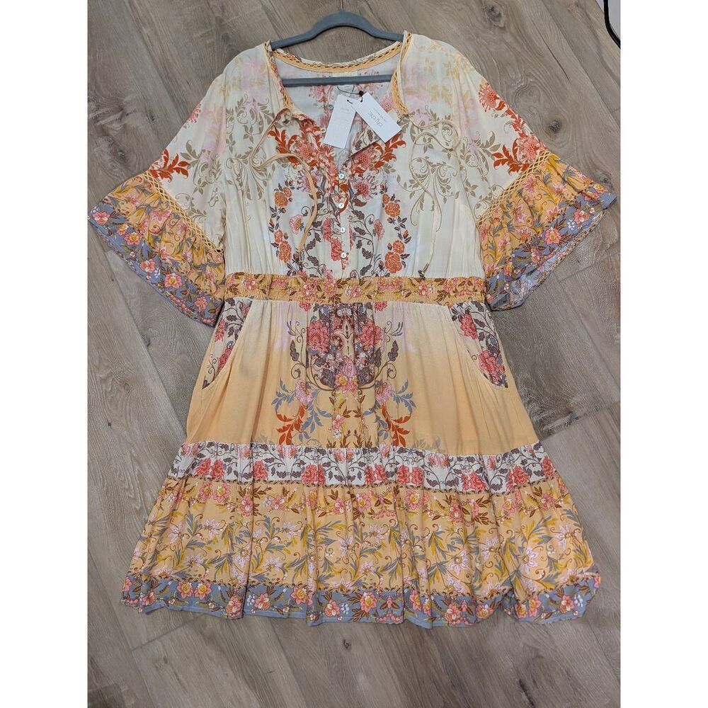 City Chic Dress Karma Trim Buttercup 1X Boho Festival Cottagecore Peasant RARE